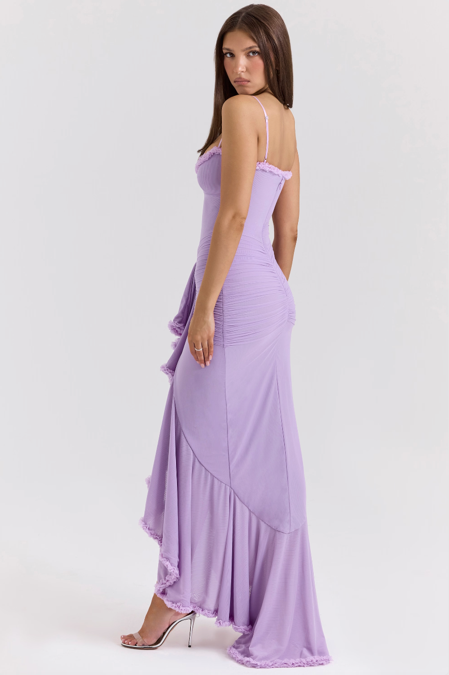 Elegant women's lace party dress with sophisticated ruched detailing, versatile for various special occasions.