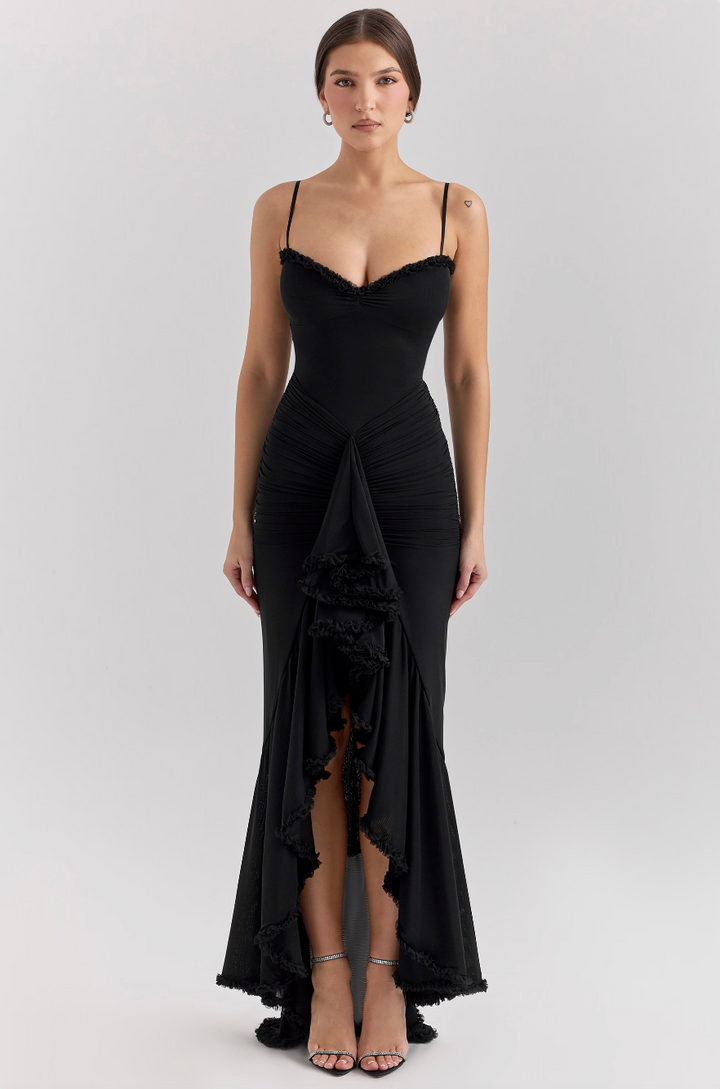 Elegant women's ruched dress with intricate lace detailing, designed for a versatile and comfortable fit.