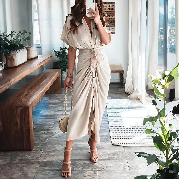 Women's elegant ruched tie waist midi dress with collared V-neck & button front. Perfect for summer occasions.