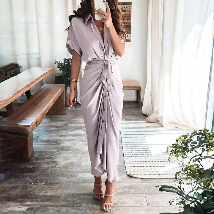Must-have women's tie waist button front collared midi dress. Ruched detail, perfect for spring/summer events.