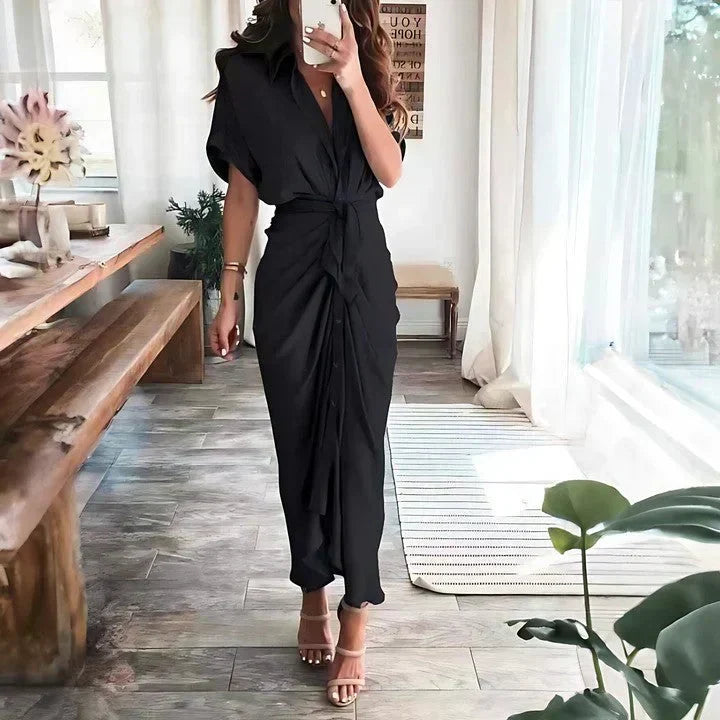Stylish women's short sleeve midi dress, features ruched tie waist, button front, and a collared V-neck.