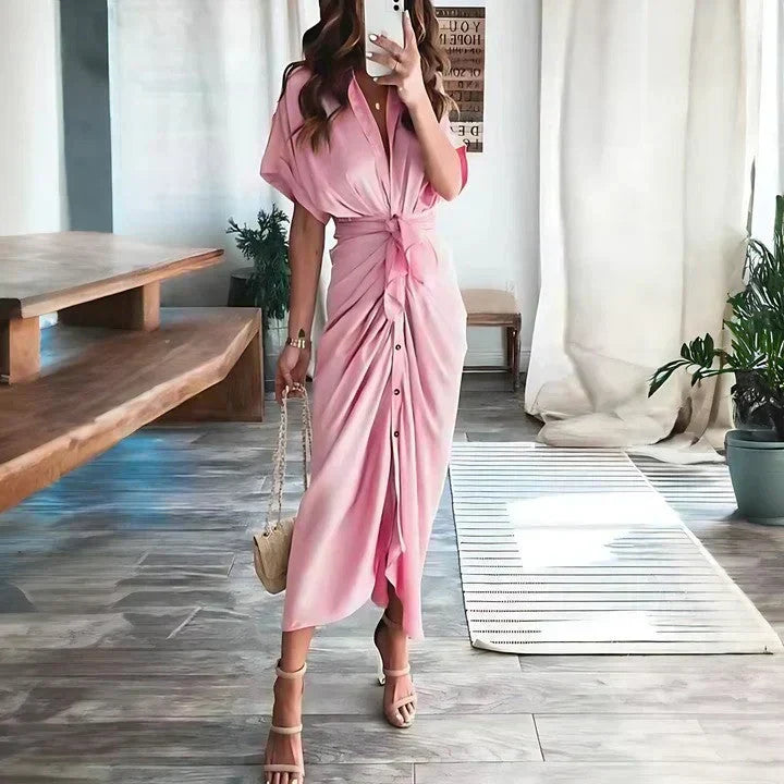 Versatile women's collared V-neck midi dress. Ruched tie waist and button front. Great for parties.
