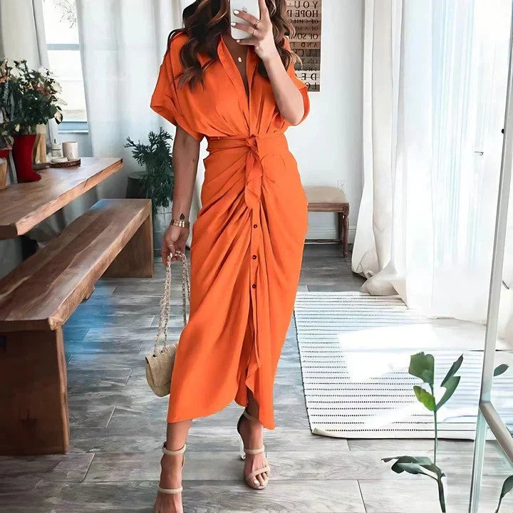Occasion wear: Women's elegant midi dress, ruched tie waist, collared button front. Ideal for summer parties.