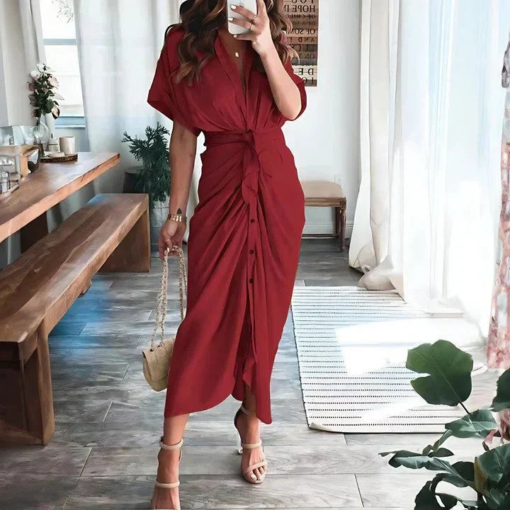 Women's collared button front midi dress with a flattering ruched tie waist. Chic spring/summer style.