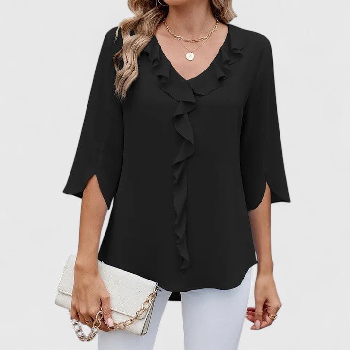 Chic women's V-neck ruffle top, ideal for office wear or casual spring outings.