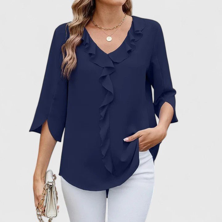 Summer-ready women's ruffle V-neck blouse with elegant split sleeves for a chic look.