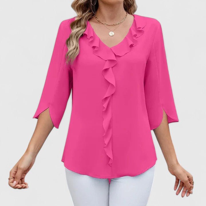 Stylish women's V-neck blouse, a ruffle top with unique split sleeve detail.