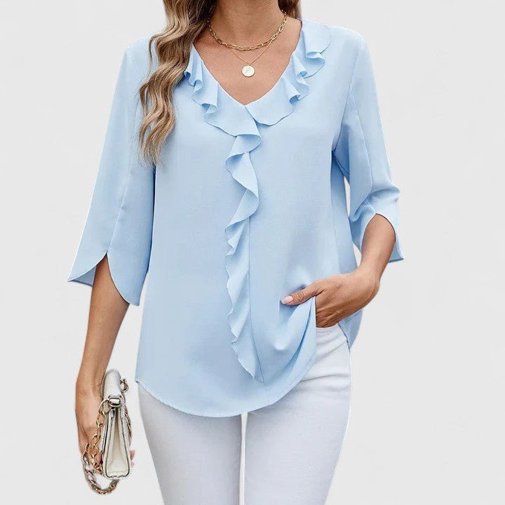 Elegant women's breathable ruffle V-neck blouse, versatile split sleeve top for any occasion.