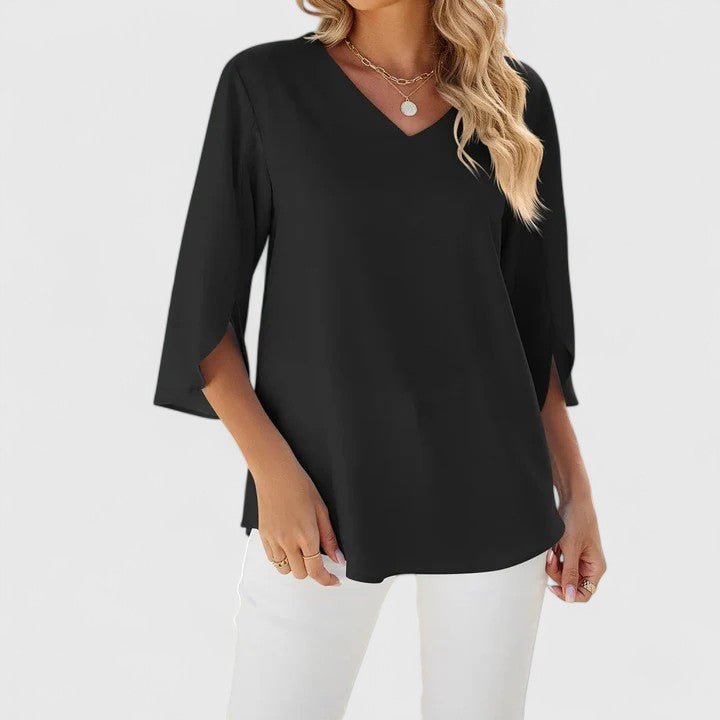 Fashionable women's ruffle V-neck blouse, a professional split sleeve top for office wear.