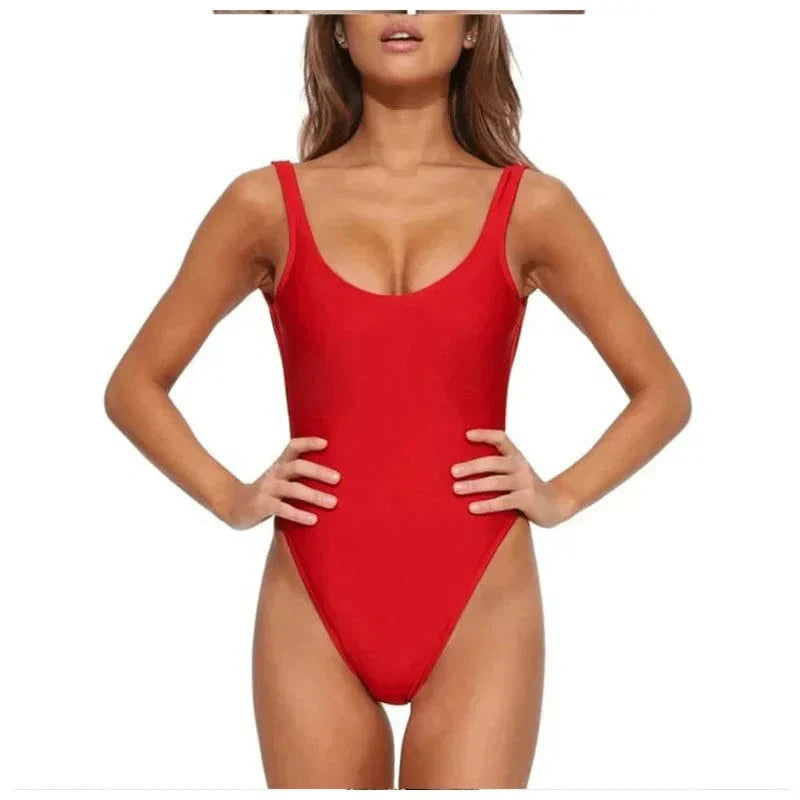 Stylish women's beachwear: open back one-piece swimsuit with a modern scoop neck, perfect for resorts.