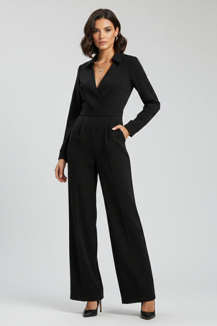 Comfortable women's wide-leg jumpsuit with a smart shirt collar, an effortless one-piece for versatile style.