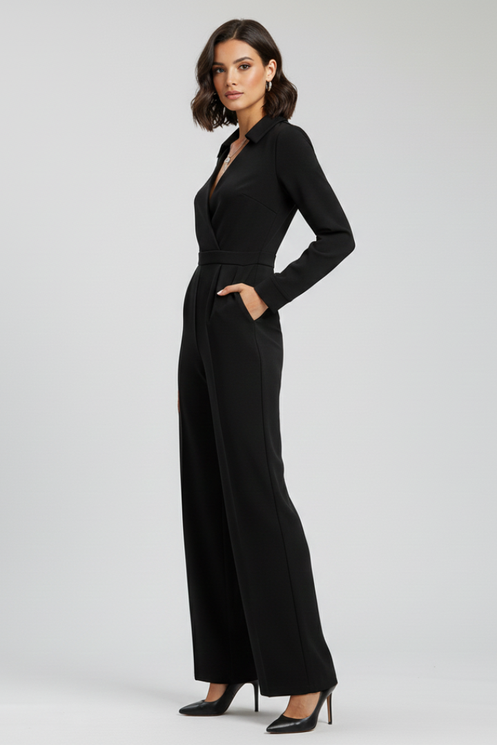 Chic women's collared wide-leg jumpsuit, an elegant and versatile one-piece for modern wardrobes.
