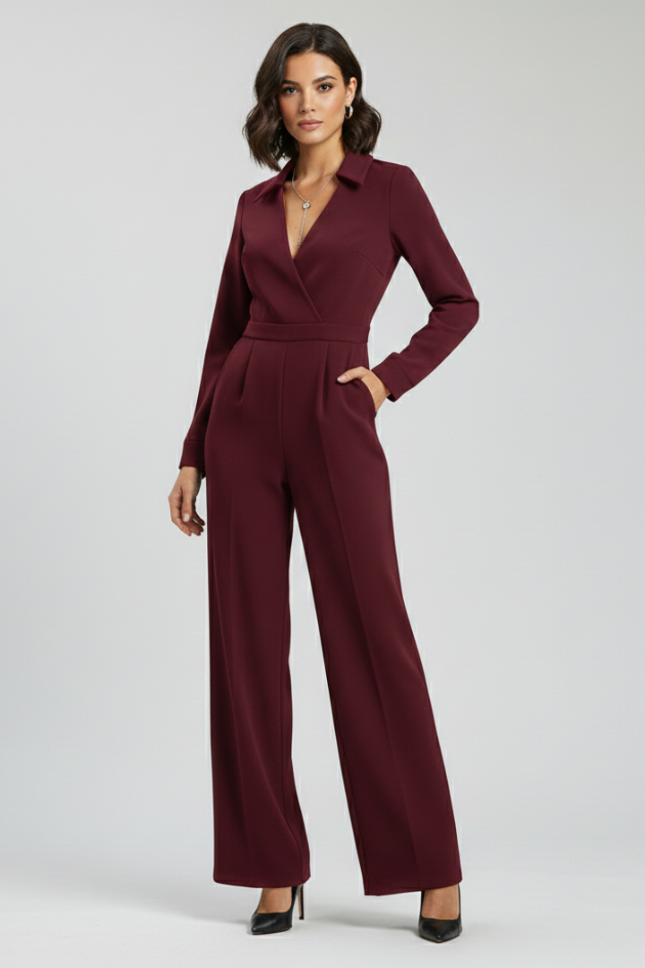 Versatile women's elegant wide-leg jumpsuit with a shirt collar, ideal for smart casual to professional settings.