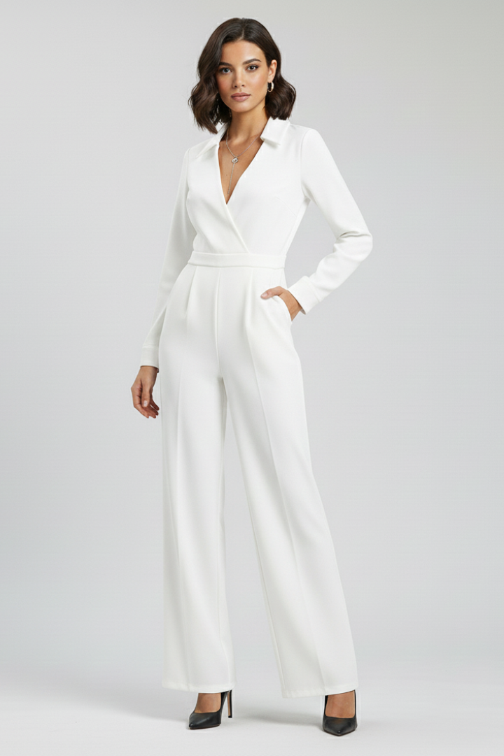 Modern women's shirt collar wide-leg jumpsuit, a chic and effortless one-piece for elegant smart casual looks.