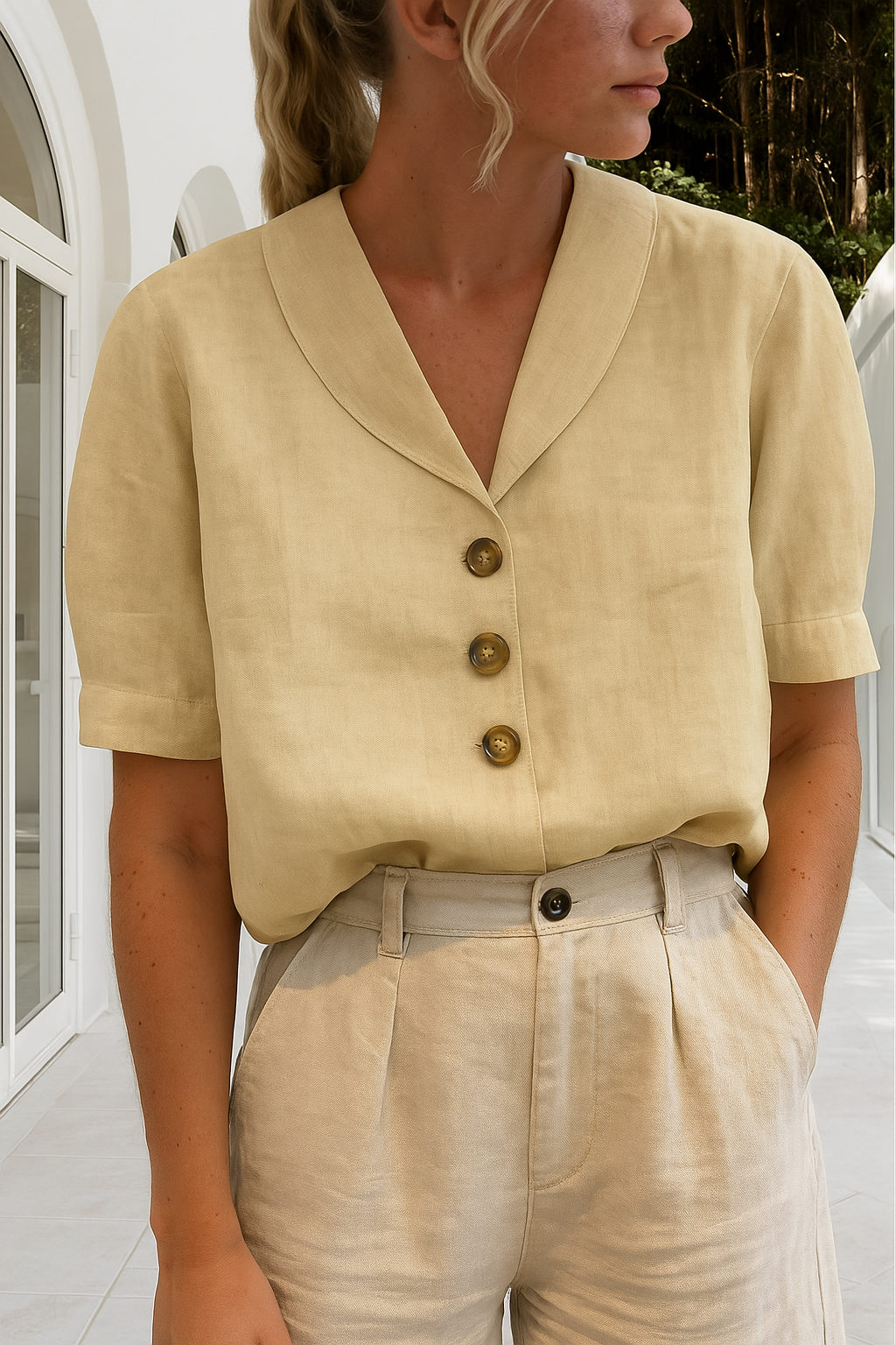 Comfortable women's wrap blouse with short sleeves, ideal for spring & summer fashion. Modern chic everyday top.