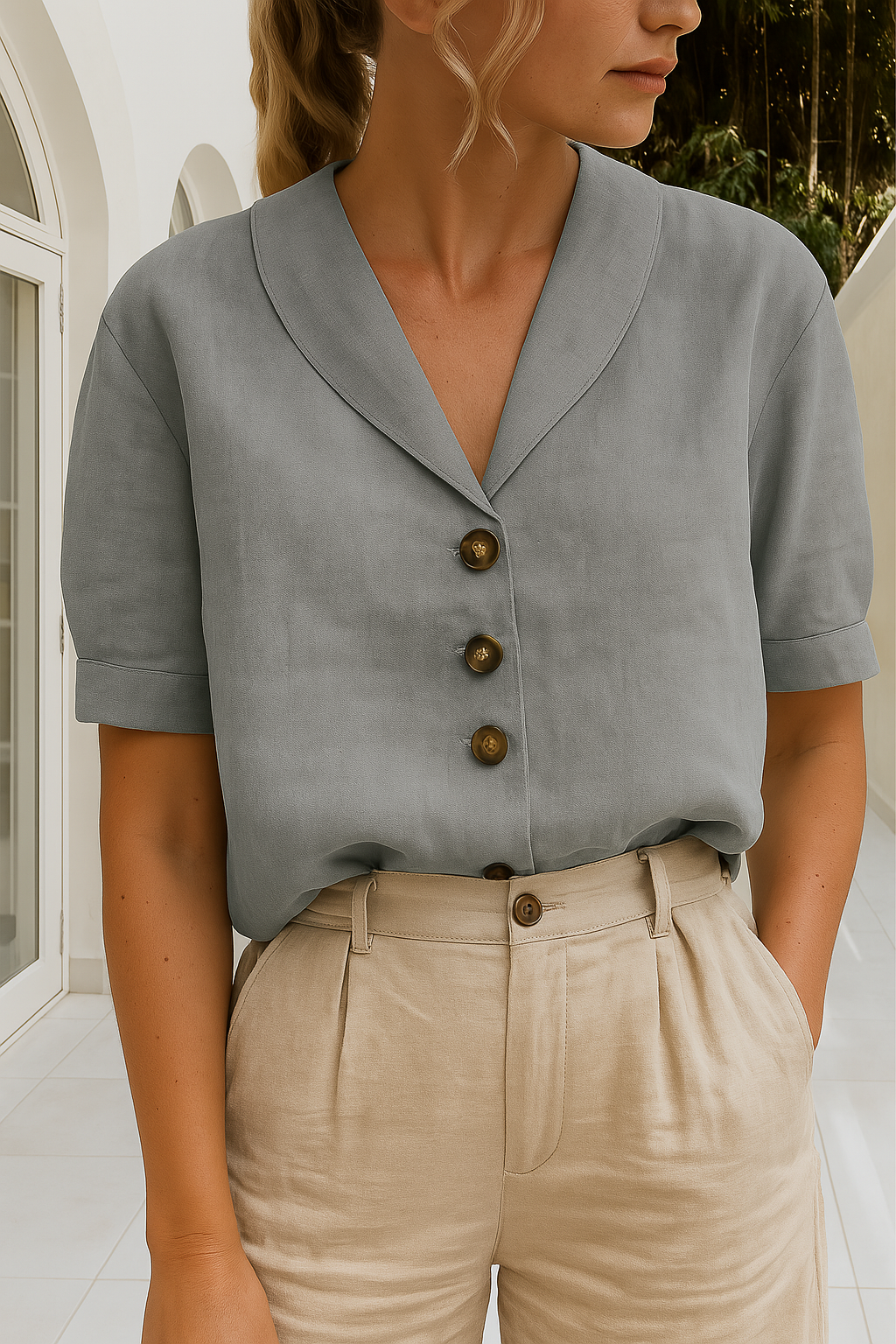 Elegant women's wrap style short sleeve top for ultimate comfort & everyday wear. Perfect casual or office blouse.