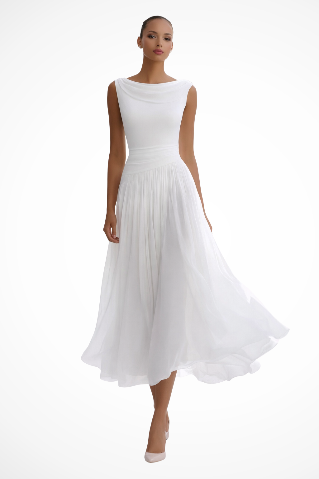 Women's elegant sleeveless A-line midi dress with flowing silhouette, perfect for summer occasions.