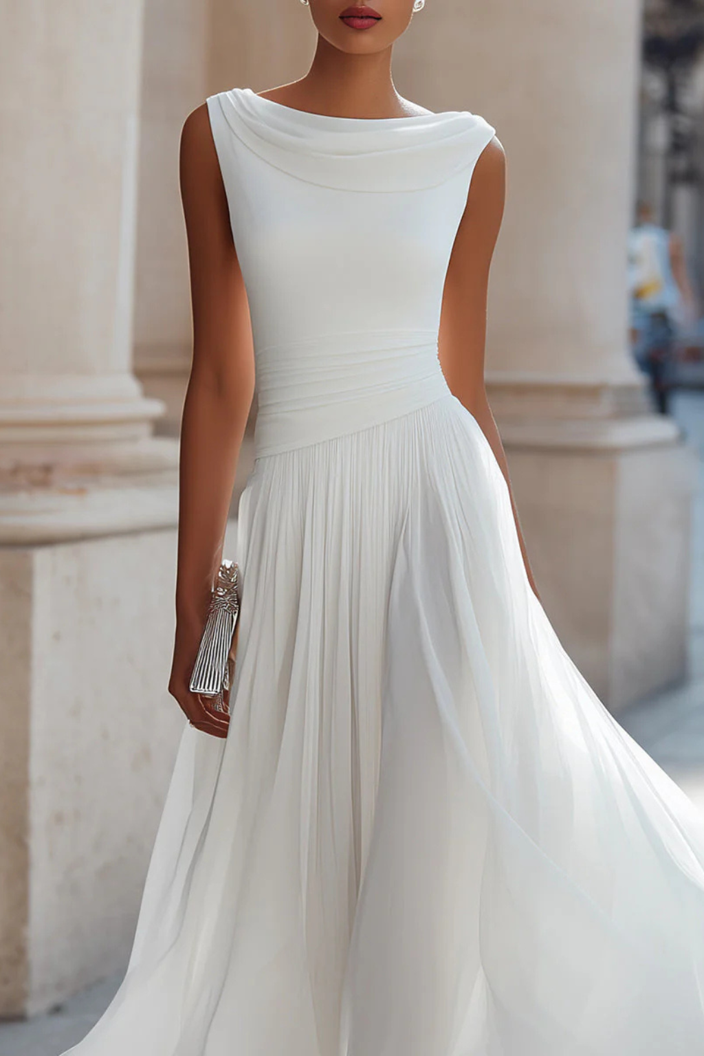 Chic women's sleeveless midi dress, A-line cut, ideal for party, formal events & versatile summer wear.