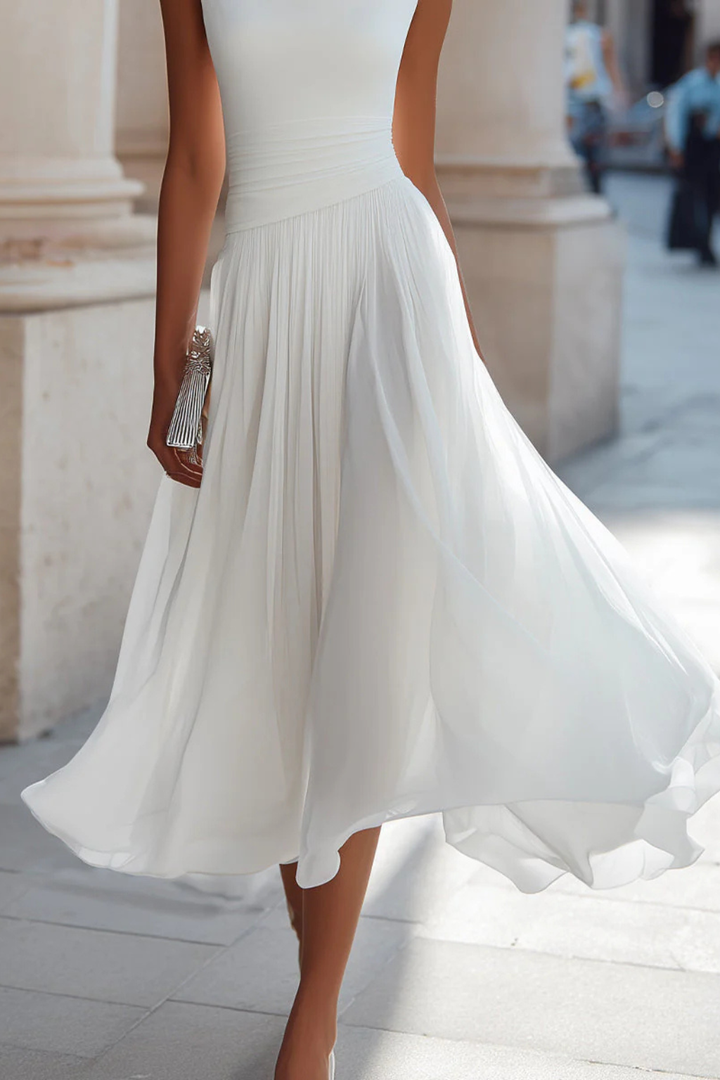Versatile women's sleeveless midi dress, A-line silhouette, suitable for formal, party & casual summer wear.