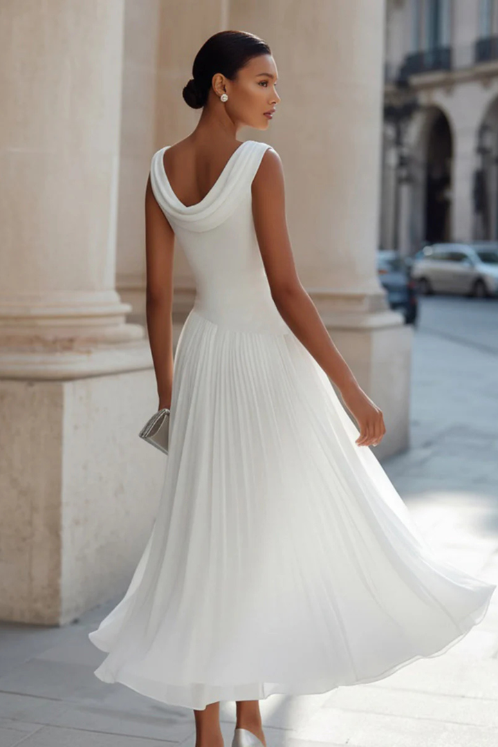 Elegant navy sleeveless A-line midi dress for women, with a flowing skirt, chic for summer & formal events.