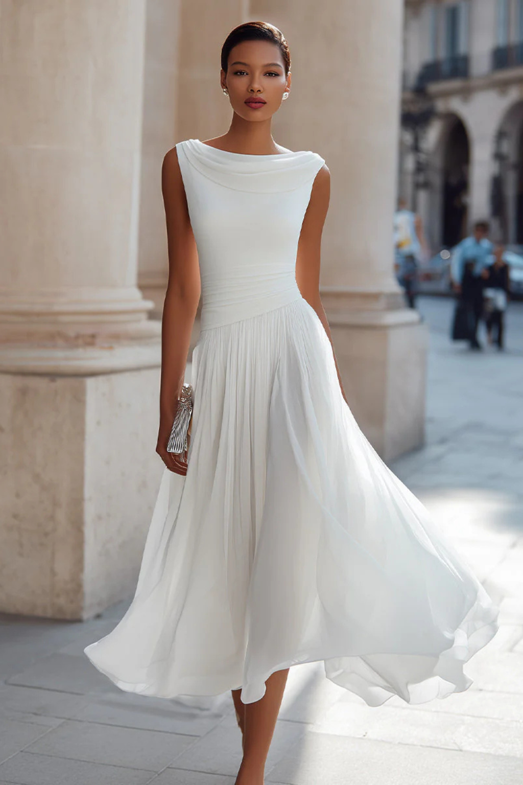 Women's sleeveless A-line midi dress, elegant design with a flowing silhouette, perfect for special occasions.