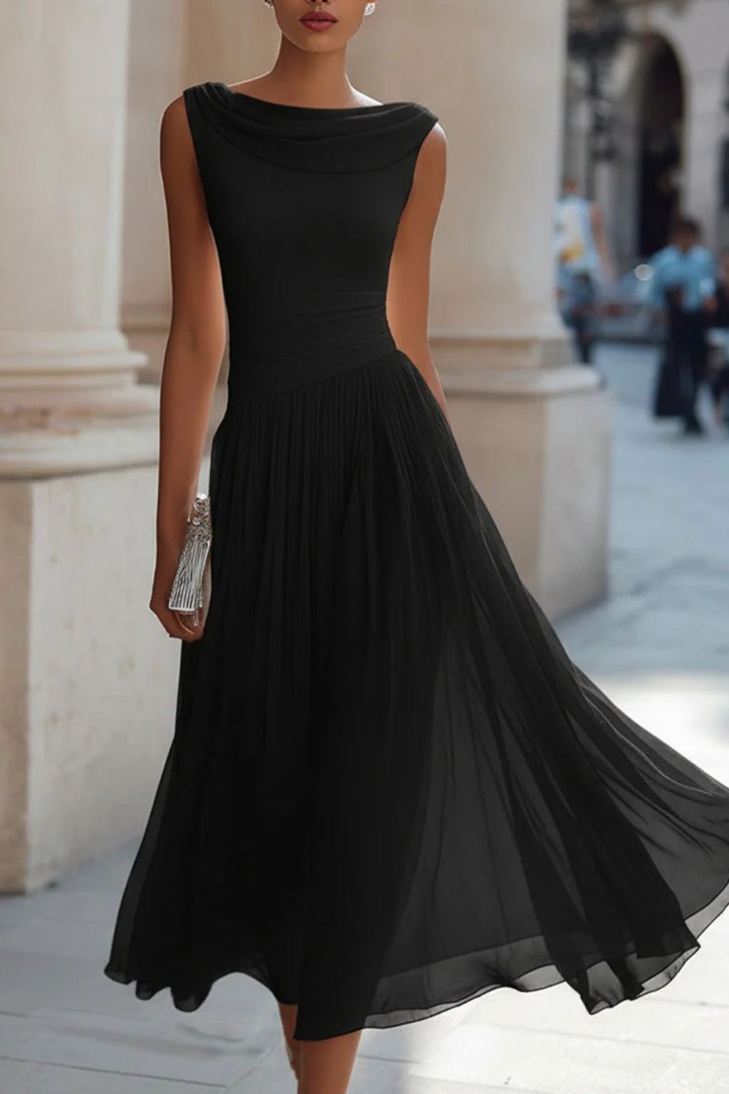 Graceful women's flowing A-line midi dress, sleeveless & chic, creating an elegant silhouette for summer parties.