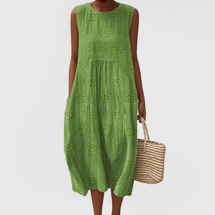 Women's elegant sleeveless dress with practical pockets; a comfortable and stylish summer apparel.