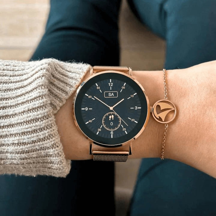 Silver women's slim smartwatch. Stainless steel with fitness, heart rate & sleep tracking.