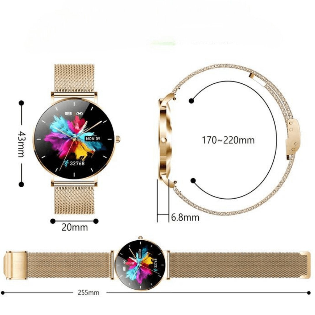 Silver stainless steel women's slim smartwatch. Elegant fitness & health tracking wearable tech.