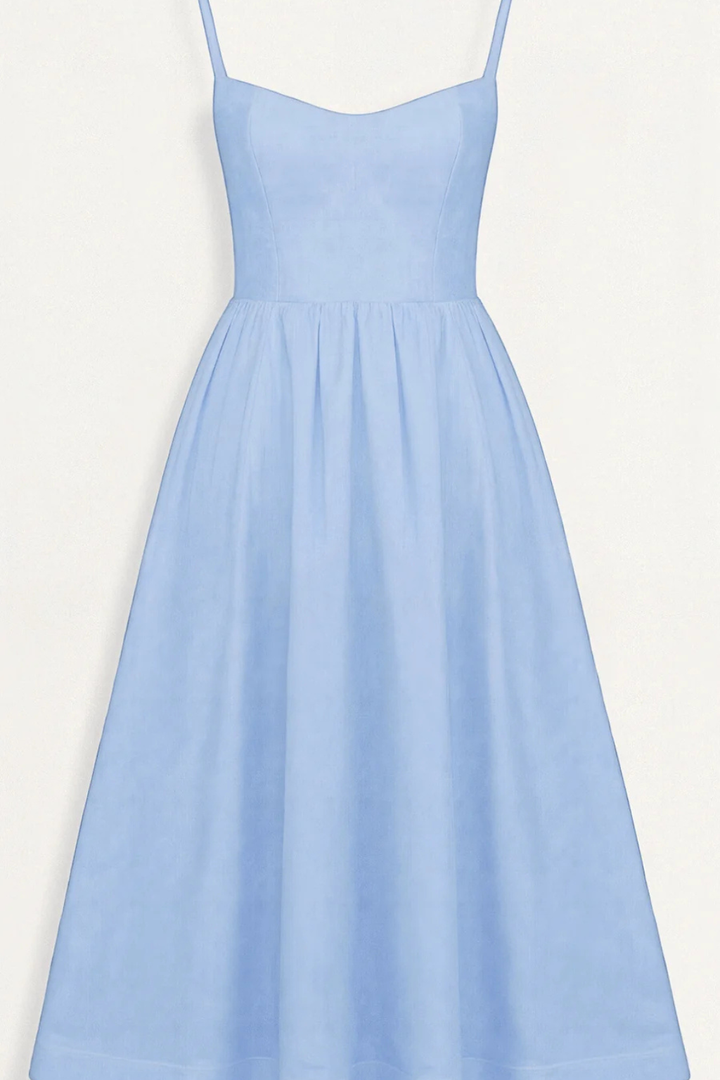 Women's spaghetti strap midi sundress. Flared, elegant & versatile for spring and summer.