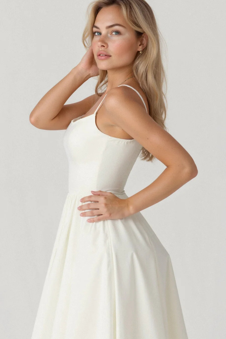 Elegant women's sundress, midi length. Spaghetti straps offer chic, versatile spring/summer style.