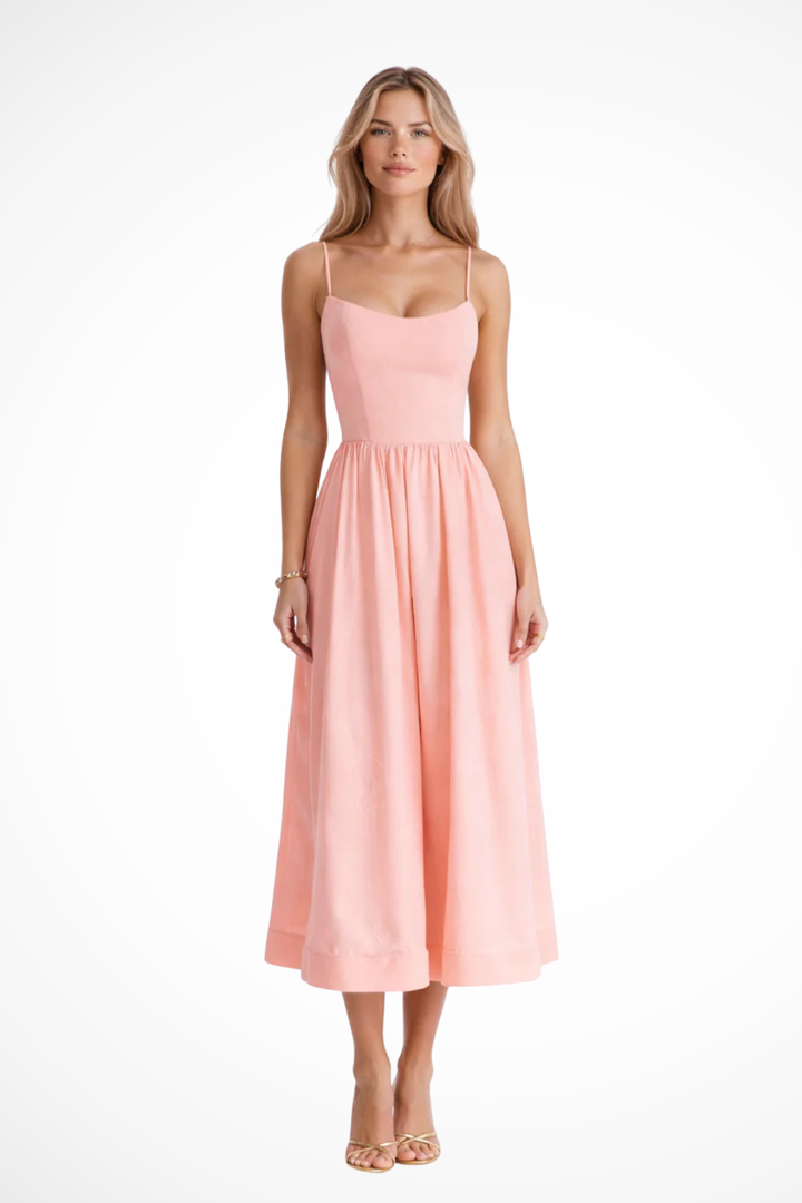 Versatile women's spring midi dress. Elegant spaghetti straps & comfortable casual fit.