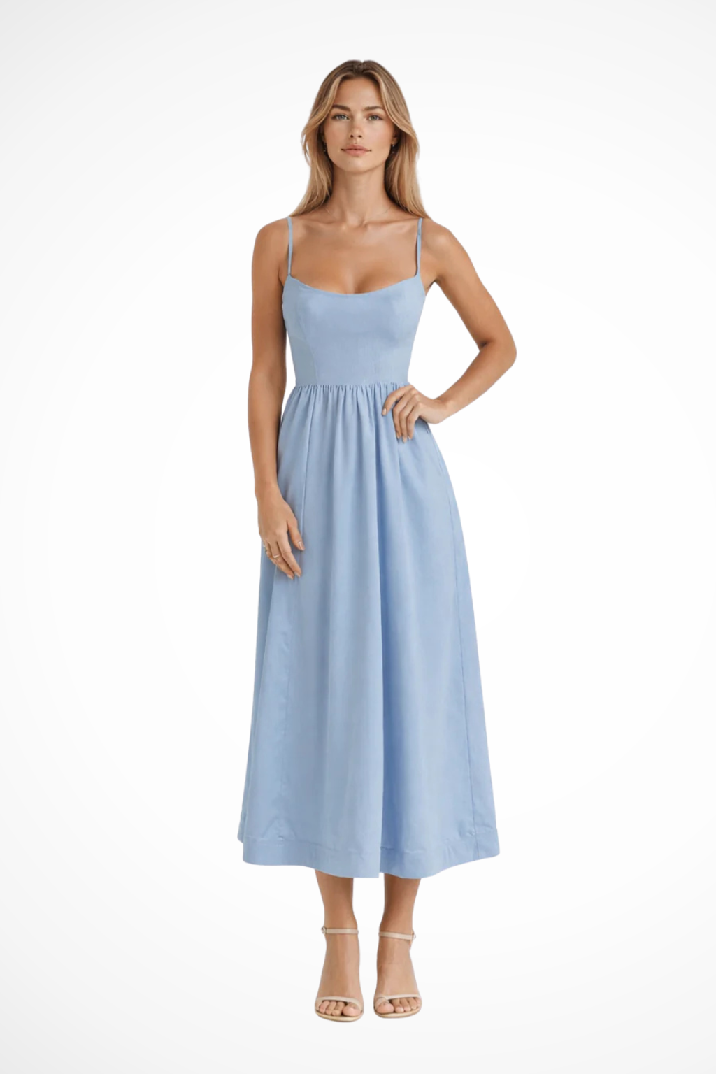Effortless women's elegant midi sundress. Spaghetti strap and flared for versatile style.