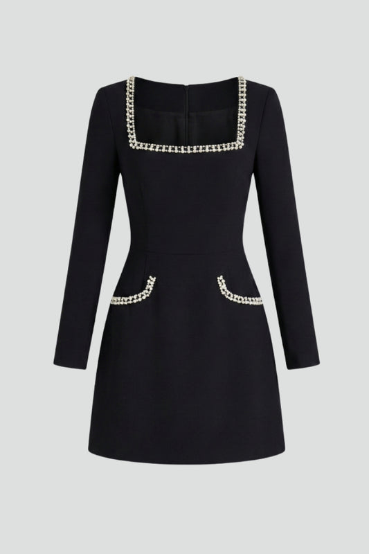 Women's elegant square neck mini dress with long sleeves. Perfect for chic parties or sophisticated casual wear.