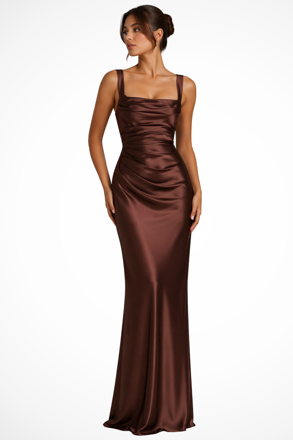 Elegant women's long square neck ruched maxi dress. Perfect for sophisticated events.