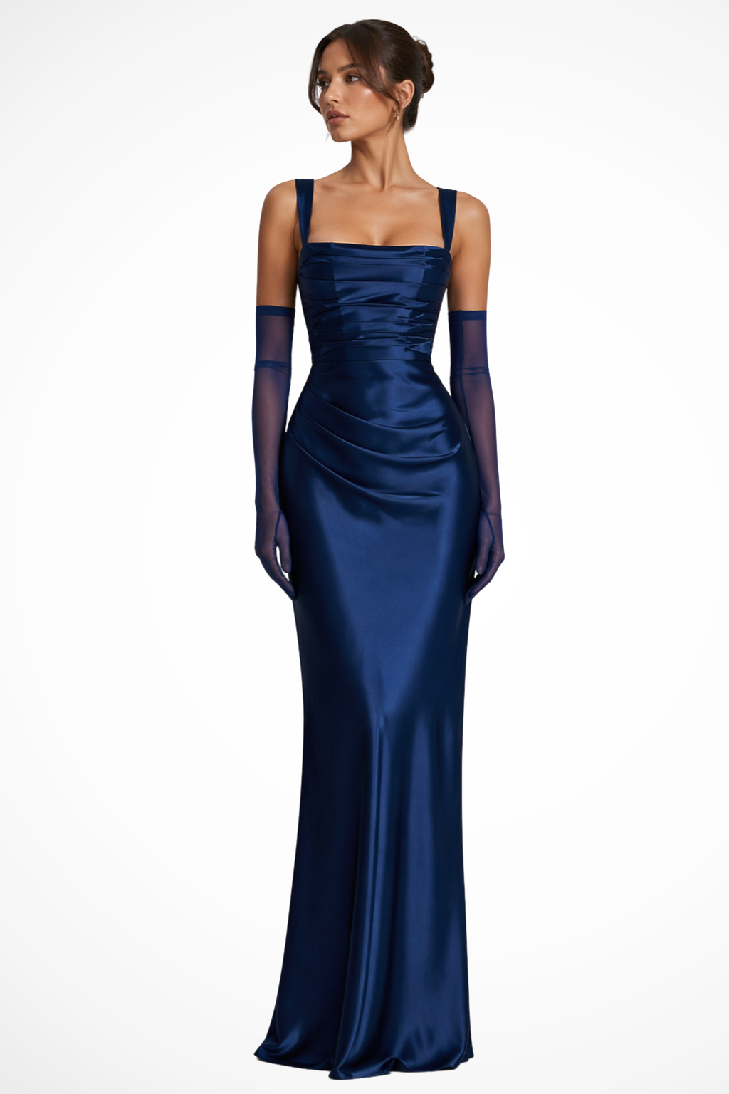 Fashionable women's square neck ruched maxi dress. Great formal wear or evening gown.