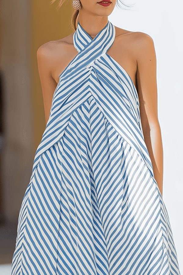 Elegant striped halter maxi dress for women, offering a comfortable yet chic look for summer fashion & vacations.