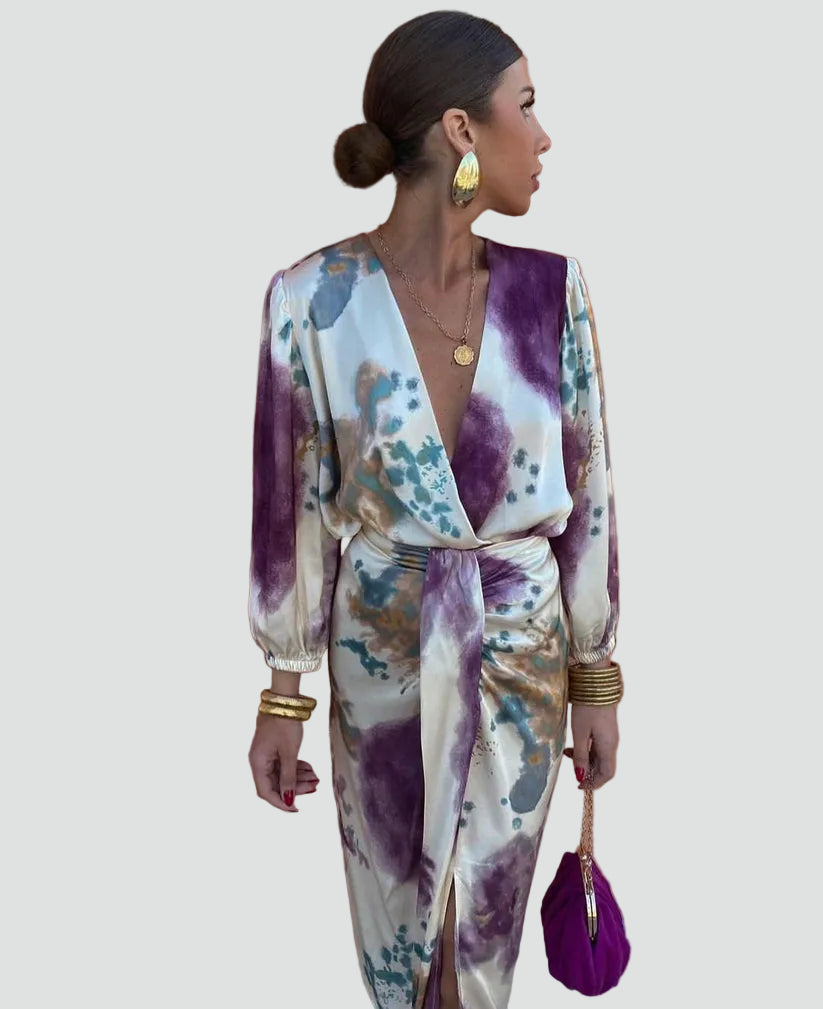 Women's elegant tie-dye wrap midi cocktail dress with v-neck & 3/4 sleeves, flattering for spring & autumn.