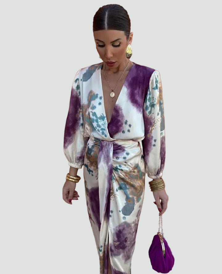 Stylish multicolor tie-dye wrap midi dress for women, perfect cocktail attire with flattering fit & v-neck.