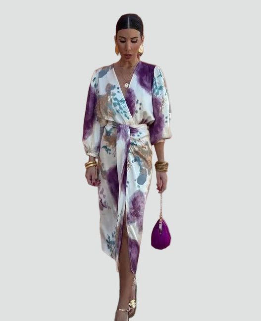 Elegant women's tie-dye wrap midi dress, featuring a v-neck & 3/4 sleeves, perfect as a stylish cocktail dress.