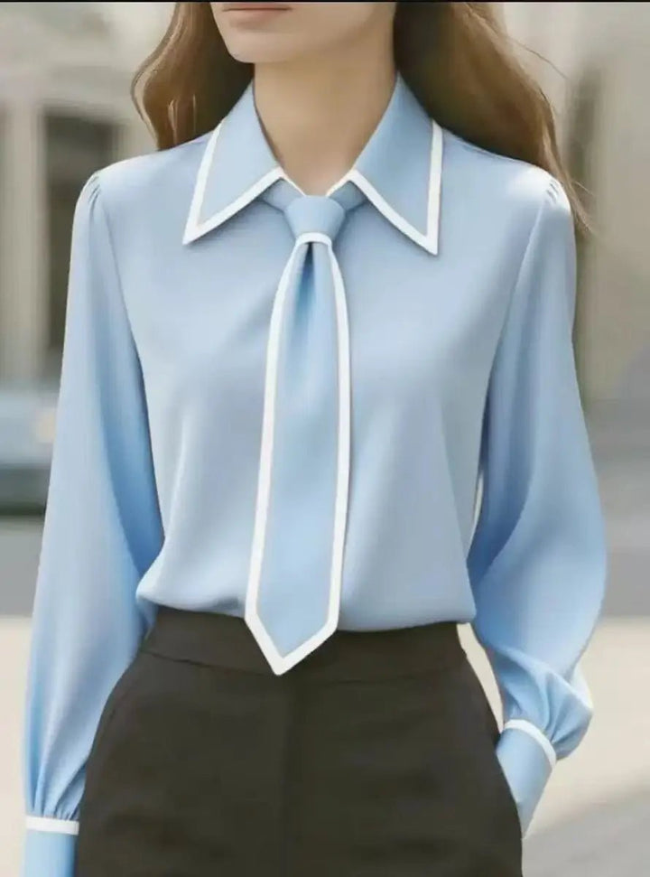 Versatile women's tie neck blouse in a professional button-down style with chic contrast trim detailing.