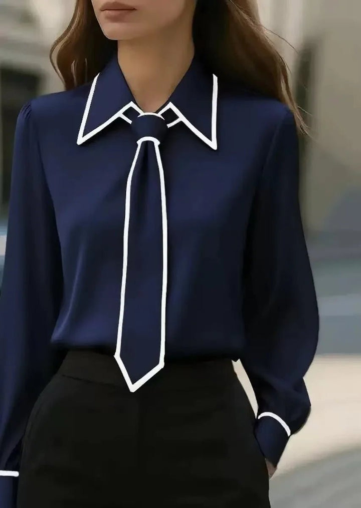 Elegant women's long sleeve tie neck blouse with contrast trim, a perfect blend of professional and chic.