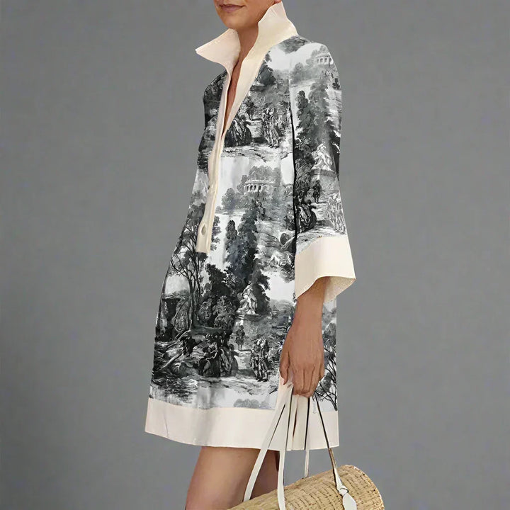 Women's elegant toile print mini tunic dress, perfect for summer chic & relaxed fit vacation wear.