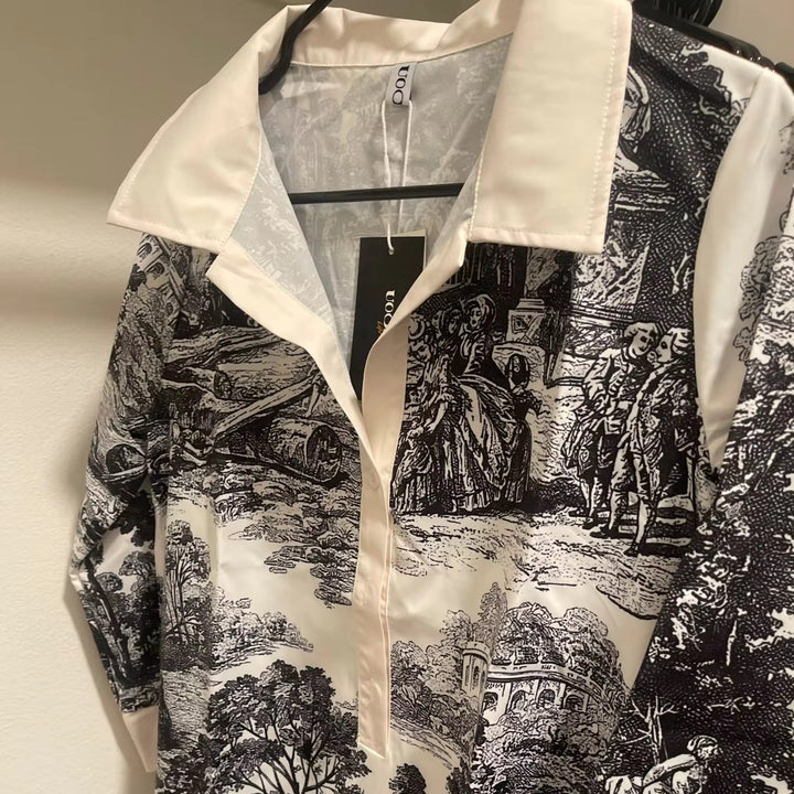 Chic women's toile print mini tunic dress with a relaxed fit, ideal for stylish casual or vacation fashion.