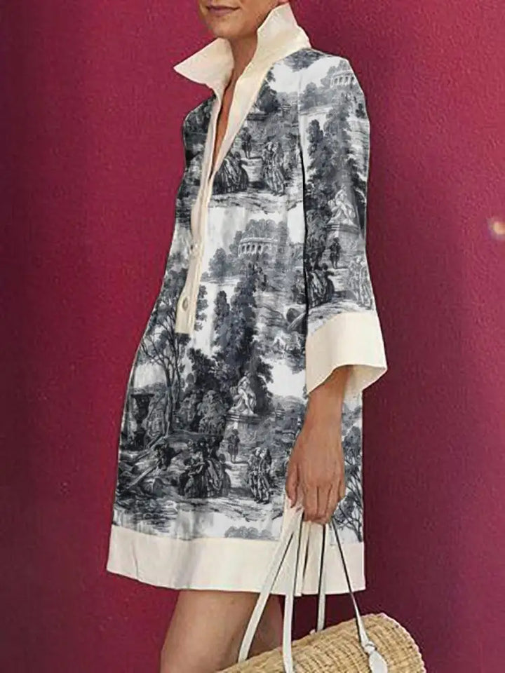 Stylish women's mini tunic dress featuring an elegant toile print, offering effortless chic for any occasion.