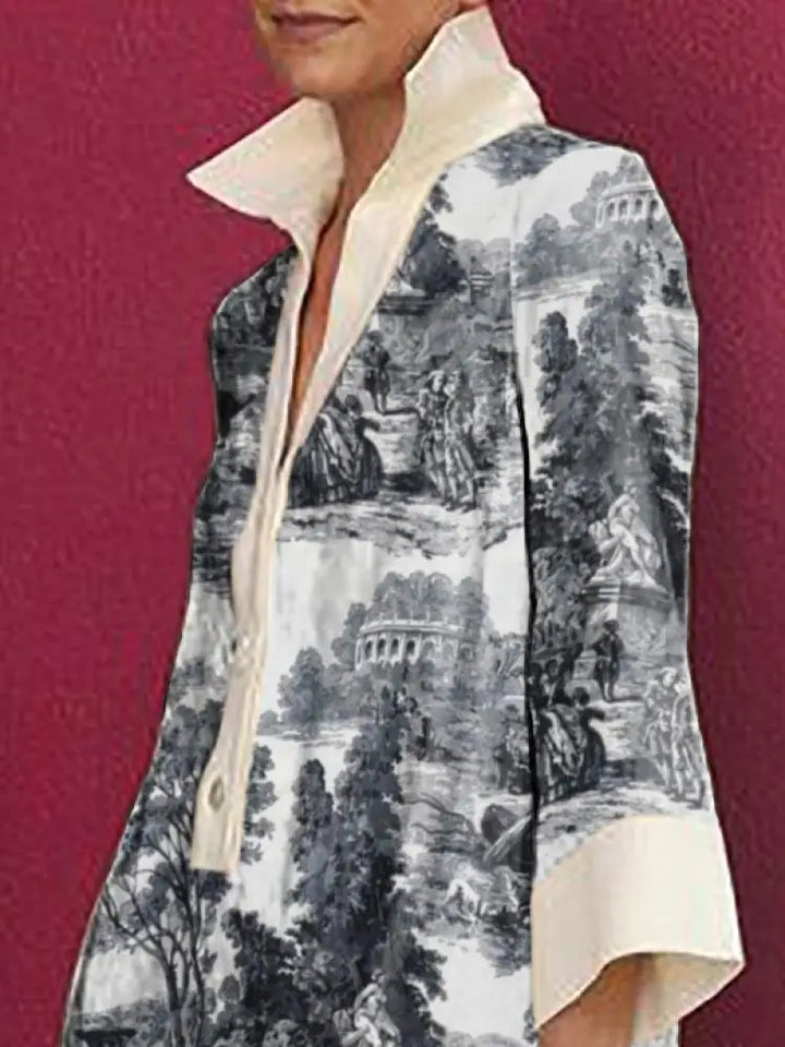 Comfortable women's toile print mini tunic dress. A versatile elegant dress for summer, vacation, or casual fashion.