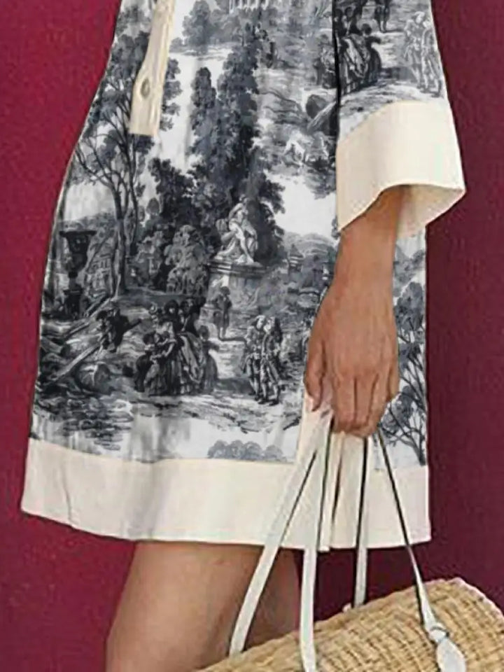 Vintage style women's toile print mini tunic dress. Effortlessly chic and comfortable for summer fashion.