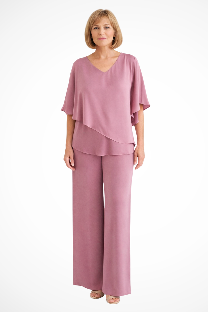Women's elegant V-neck batwing top and wide leg pants matching set. Sophisticated casual chic outfit.