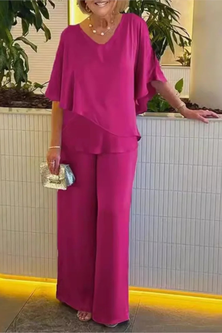 Stylish women's V-neck batwing top & wide leg pant set. A comfortable yet sophisticated two-piece outfit.