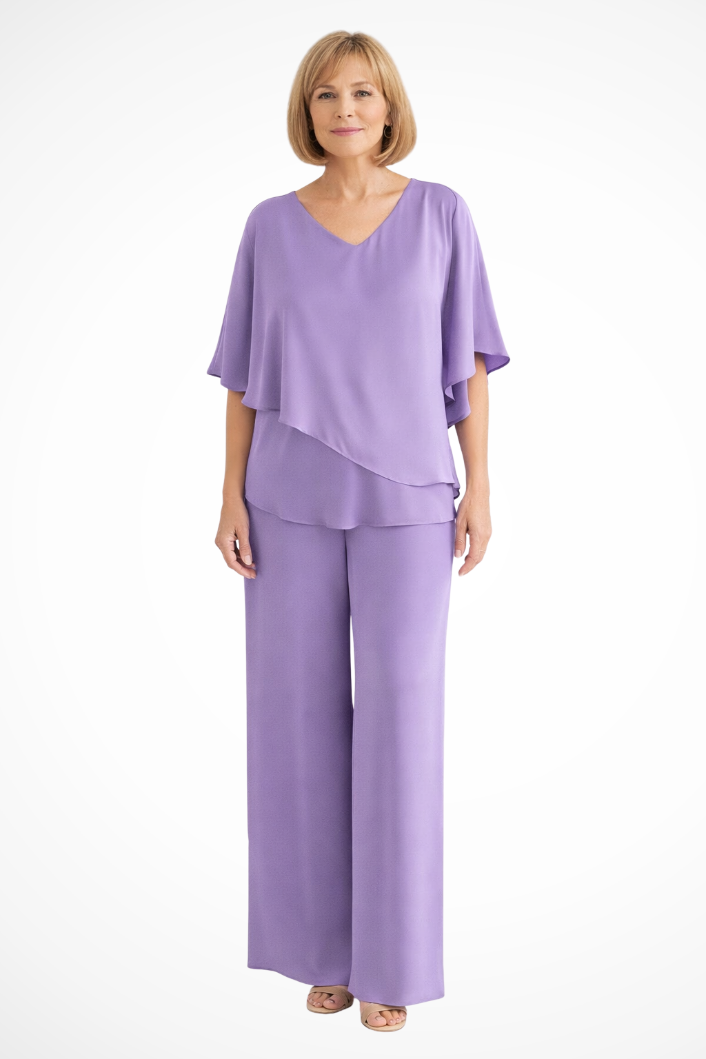 Women's chic V-neck batwing sleeve top and wide leg pants set. Perfect for a sophisticated and relaxed look.